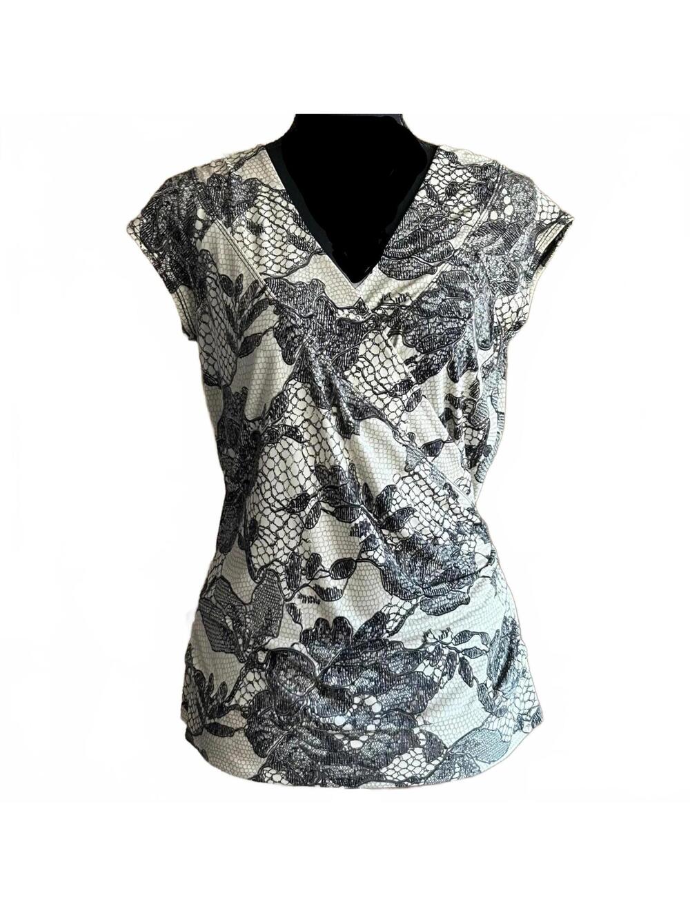 Vintage Vol.1 Womens Beige Black Lace Print Cap Sleeve Wrap Top Petite Large